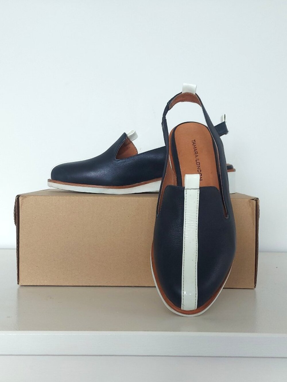 Tamara London Navy and White Leather Sling Back Wedge Shoe - Size 37 (US 6.5/7)